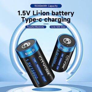 Pilas recargables CITYORK de celda D, 1,5 V, 15000 mWh, USB de ion de litio D, 4 unidades