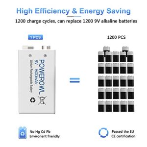 Cargador de Pilas Recargables 9V POWEROWL con 4 Unidades 600mAh - Pilas Recargables de Litio para Detectores de Humo y más