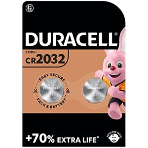 Pilas de botón de litio Duracell 2032 de 3V - Paquete de 2 - Tecnología Baby Secure - Uso en llaves, básculas y dispositivos médicos - Cromo (DL2032/CR2032)