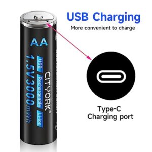 Baterías recargables CITYORK de litio USB AA 1,5V 3000 mWh - Paquete de 4