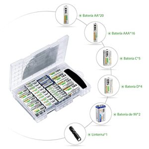 EBL Caja de Pilas Recargables: 20 AA, 16 AAA, 5 C, 4 D, 2 9V y Linterna