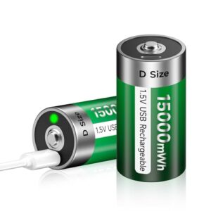 Baterías recargables tipo D USB – 1,5 V/15000 mWh de litio pilas D recargables con cable de carga USB-C 2 en 1 de Inicio: amigables con el medio ambiente y sin efecto memoria.