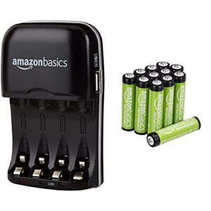 Cargador de Pilas Amazon Basics Ni-MH AA y AAA con USB + Pilas Recargables AAA, Paquete de 12