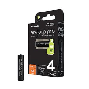 Pilas recargables Panasonic eneloop Pro AAA/Micro, pack de 4, baja autodescarga, 930mAh, 500 recargas, sin plástico, Ni-MH