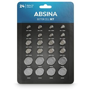Pack de 24 Pilas botón Alcalinas & Litio ABSINA - 1,5V & 3V - AG1, AG3, AG4, AG10, AG13, CR2016, CR2025, CR2032
