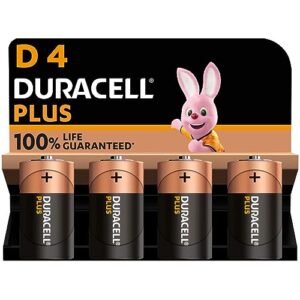 Pilas Duracell Plus D (pack de 4) - Alcalinas 1,5 V - 100 % de duración garantizada - Fiabilidad para dispositivos - Sin plástico - 10 años de almacenamiento - LR20 MN1300