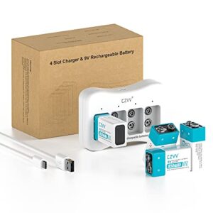 Baterías recargables 9V Lithium CZVV - 4 pack con cargador rápido - Alta capacidad y duración - Ideal para detector de humo y radio