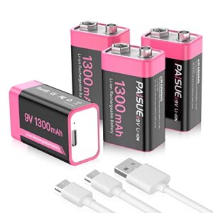 Pilas recargables de 9V de Inicio: 1300mAh, iones de litio, larga duración - Paquete de 4 con cable de carga rápida USB-C para detector de humo y micrófono