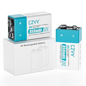 Baterías recargables 9V Lithium de CZVV - 850mAh - 1300 ciclos - 2 pack - Duración de 10 años - Detector de humo, micrófonos, radio, guitarra
