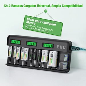 Cargador de Pilas EBL LCD Universal para AA AAA C D 9V Ni-MH - 12 Ranuras Independientes