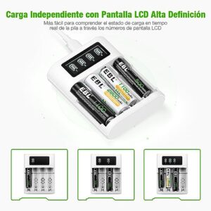 Cargador de Pilas EBL FY-409 para AA AAA Ni-MH con Puerto Micro USB/Tipo C - 4 Ranuras Independientes